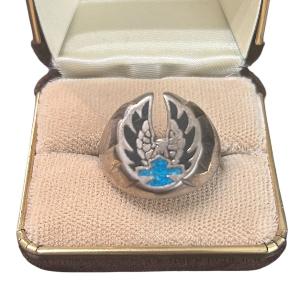 Silver Tone HD Biker Ring | Eagle & Turquoise Shield Double Ring Sz 11.5/12 Mens